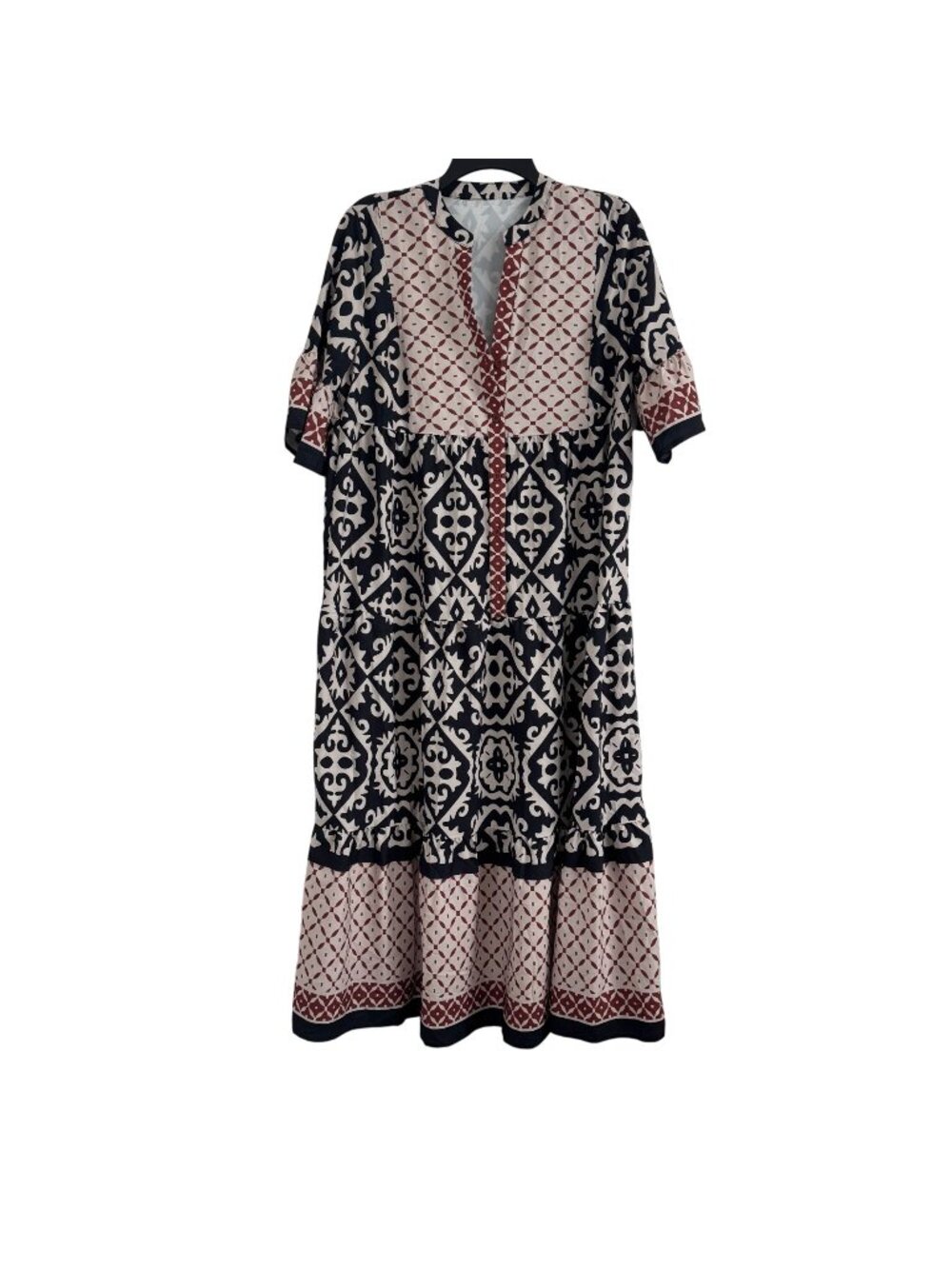 Shein Women Bohemian Short Sleeve Black & Beige Printed Maxi Dress Size L
